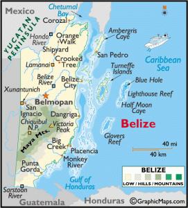 Map of Belize - a tiny English speaking country in Central America